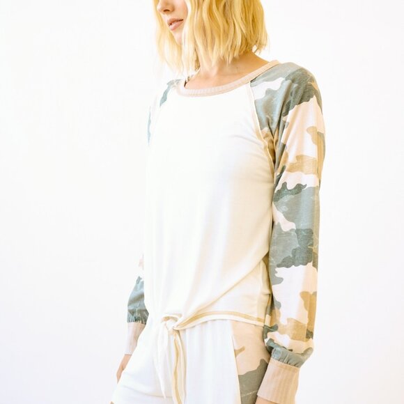 MYSTREE Cream Camo Sleeve Tie Front Top, Long Sleeve Lightweight Lounge Pullover - Picture 3 of 5